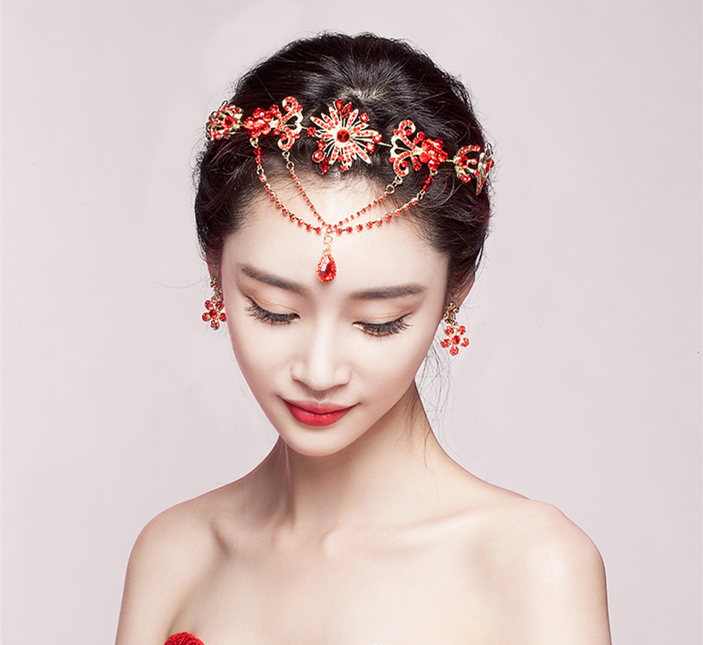 中式三件套裝敬酒服額飾，優(yōu)美盤發(fā)配飾發(fā)飾