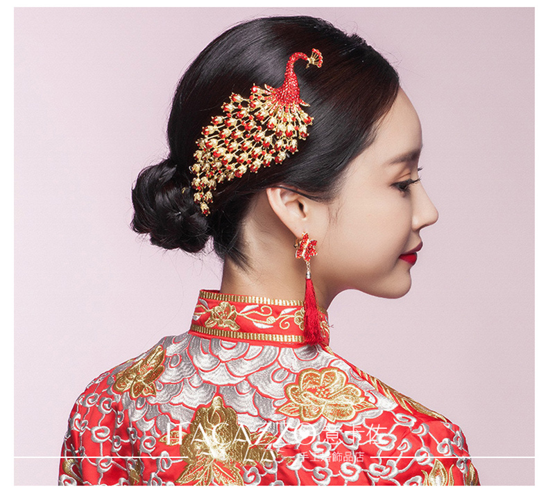 金色中式新娘鳳凰頭飾，盤發(fā)插梳敬酒服發(fā)飾