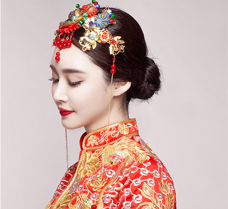五彩金片花朵紅珠頭飾，新娘精美發(fā)飾