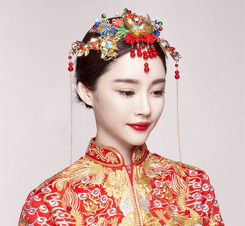 五彩金片花朵紅珠頭飾，新娘精美發(fā)飾
