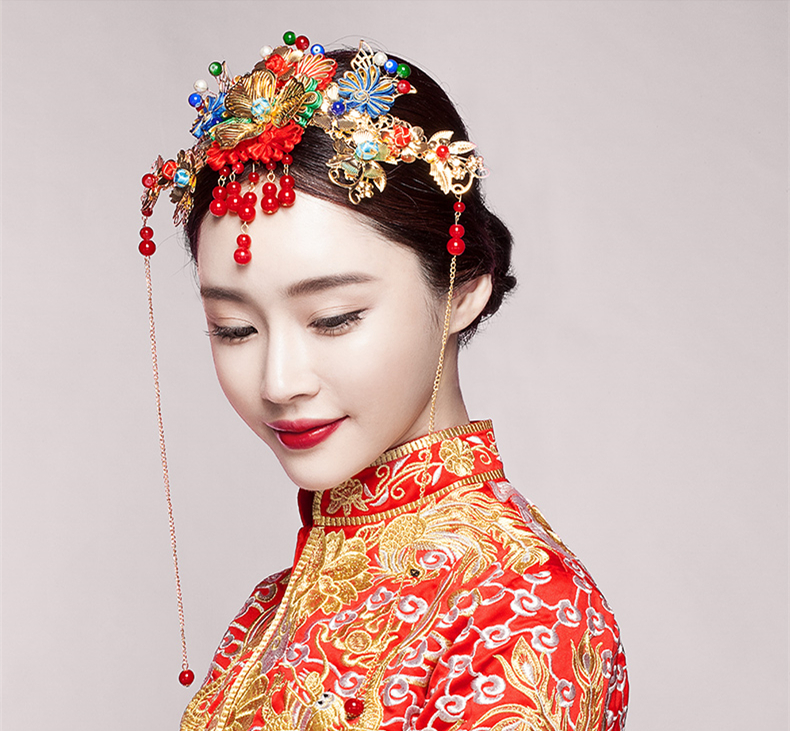 五彩金片花朵紅珠頭飾，新娘精美發(fā)飾