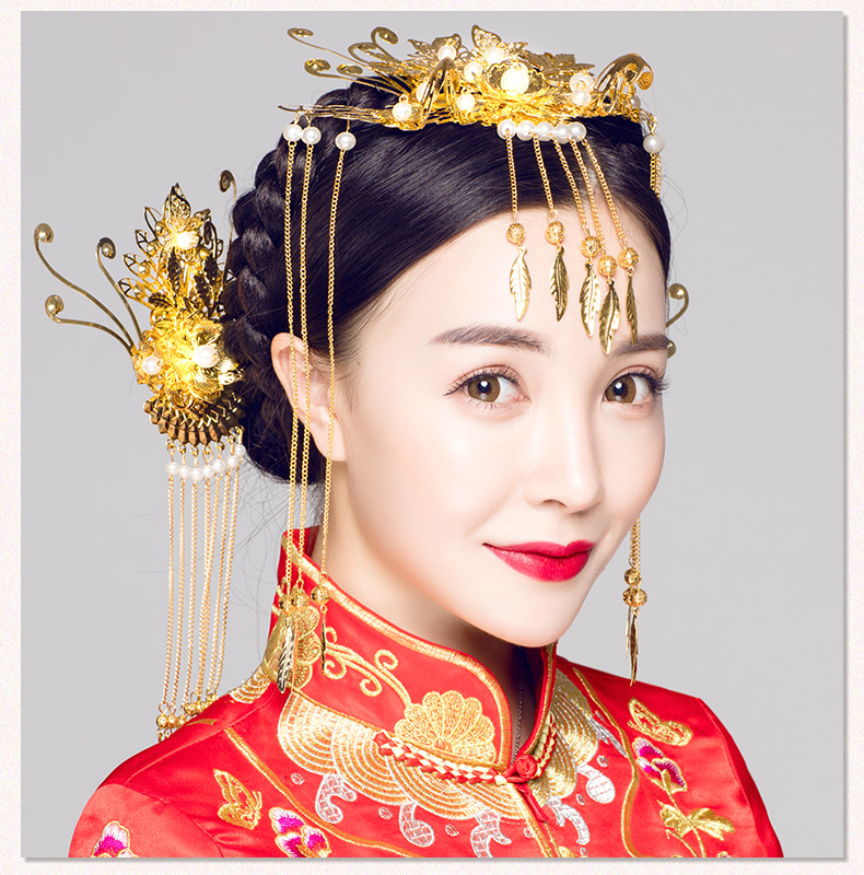 步搖古典造型新娘頭飾，金色花枝高貴發(fā)飾