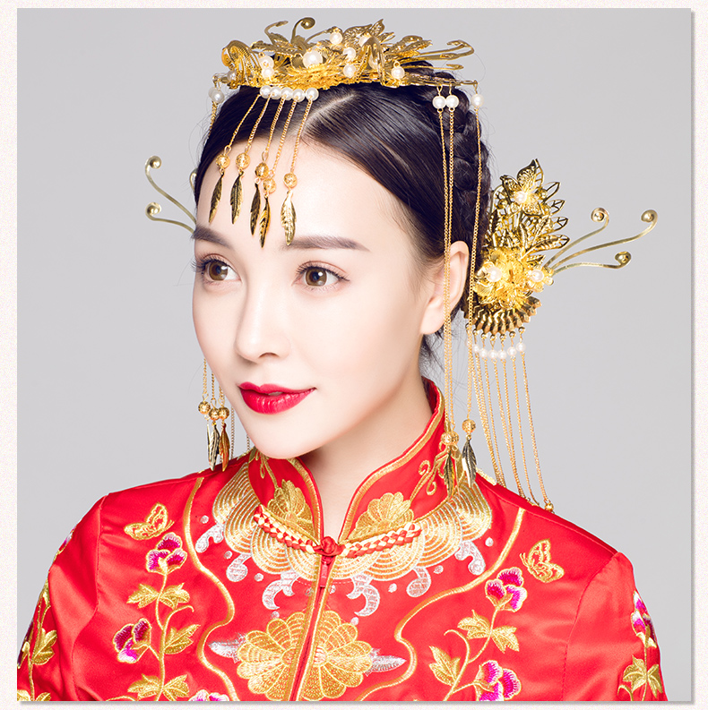 步搖古典造型新娘頭飾，金色花枝高貴發(fā)飾