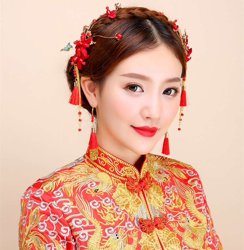 紅色頭飾邊夾耳鉤套裝，2017新款新娘配色