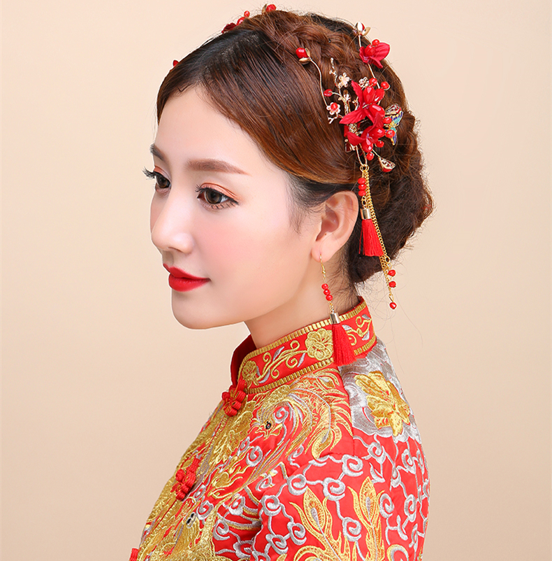 紅色頭飾邊夾耳鉤套裝，2017新款新娘配色