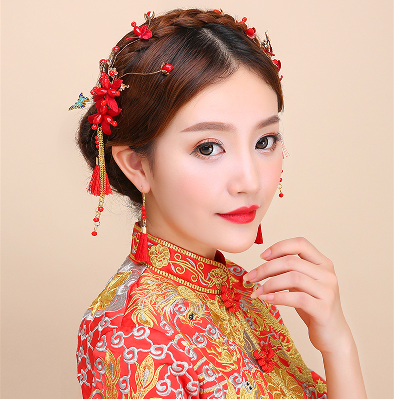 紅色頭飾邊夾耳鉤套裝，2017新款新娘配色