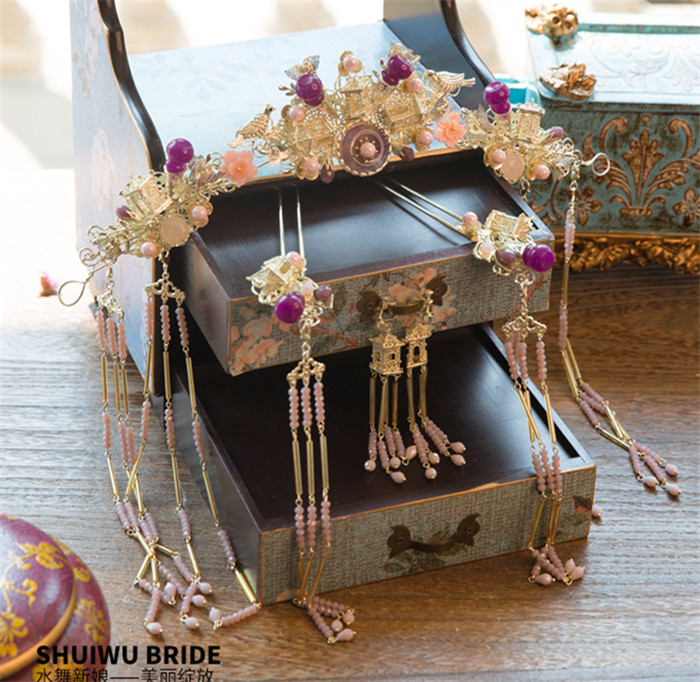 紫色串珠流蘇鳳冠結(jié)婚頭飾，中式古裝發(fā)飾