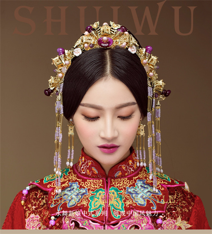 紫色串珠流蘇鳳冠結(jié)婚頭飾，中式古裝發(fā)飾