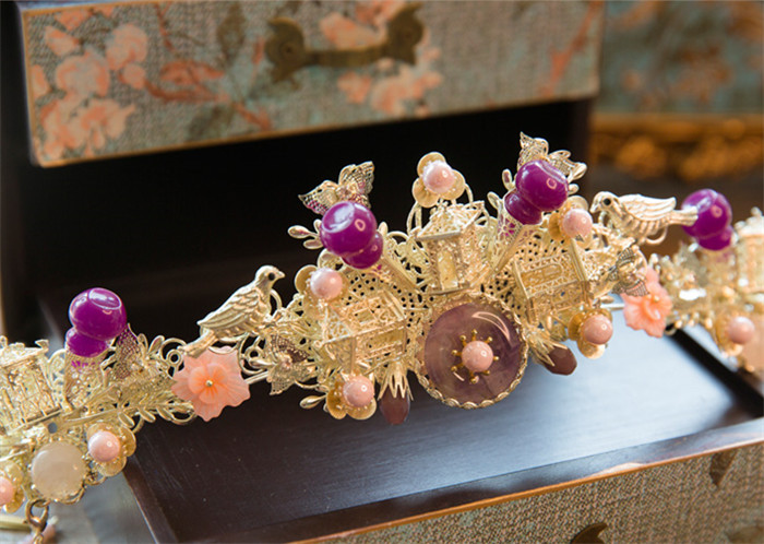 紫色串珠流蘇鳳冠結(jié)婚頭飾，中式古裝發(fā)飾