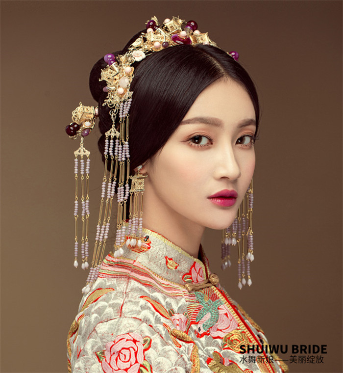 紫色串珠流蘇鳳冠結(jié)婚頭飾，中式古裝發(fā)飾