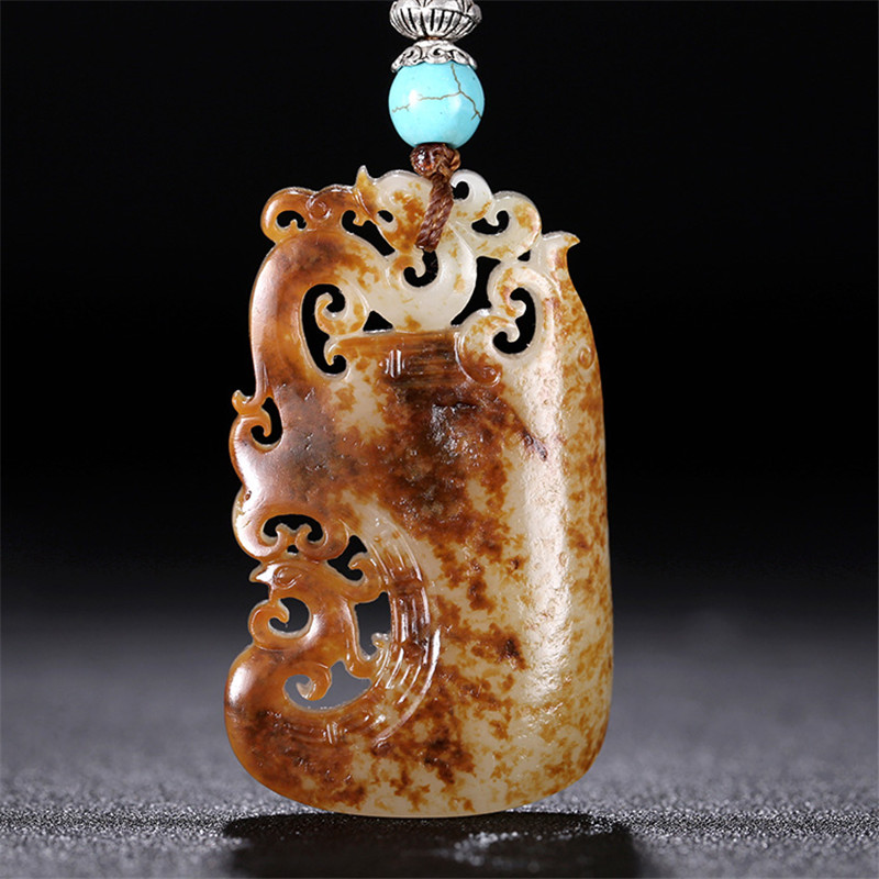 龍鳳圖騰雕刻和田玉，羊脂玉籽料掛件