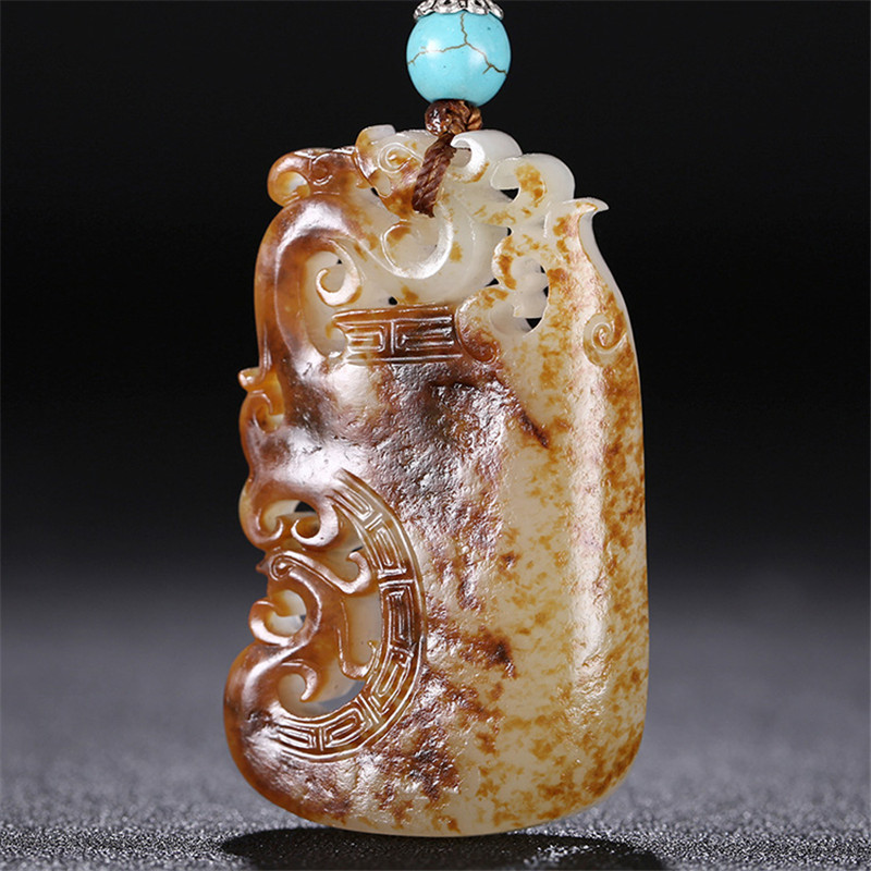 龍鳳圖騰雕刻和田玉，羊脂玉籽料掛件