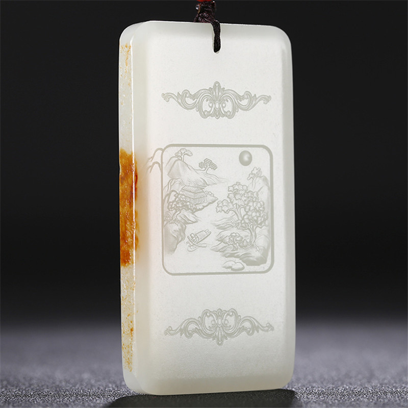 和田玉山水悠然自在掛件，白玉項鏈玉石。