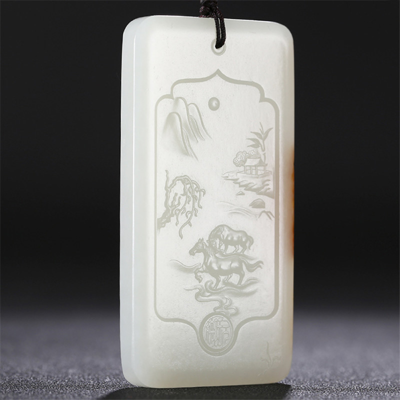 和田玉山水悠然自在掛件，白玉項鏈玉石。