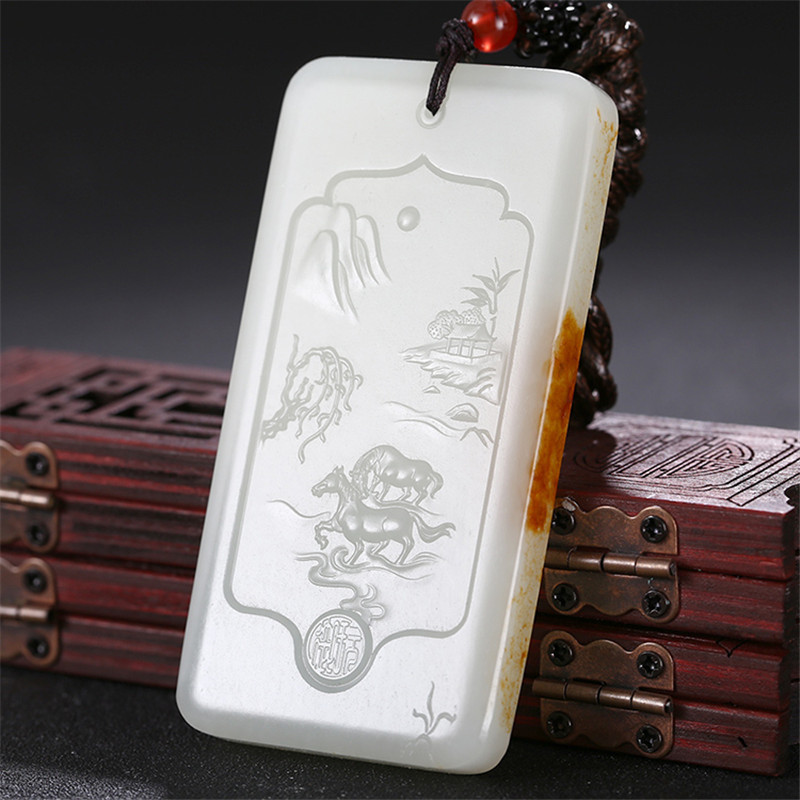 和田玉山水悠然自在掛件，白玉項鏈玉石。