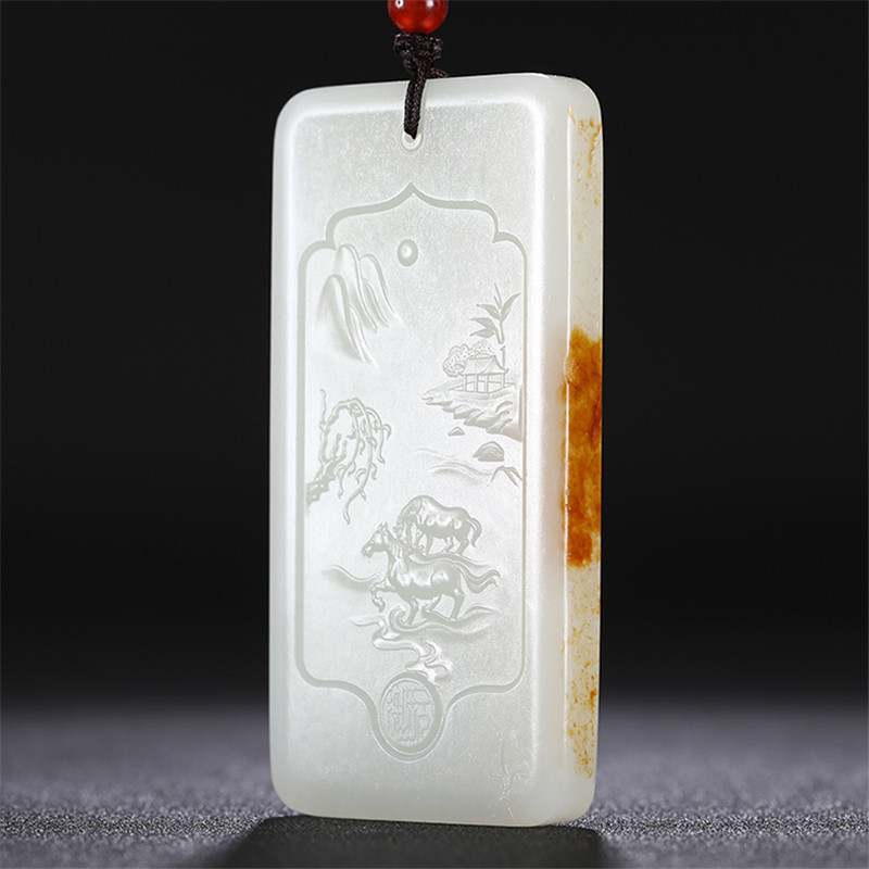 和田玉山水悠然自在掛件，白玉項鏈玉石。
