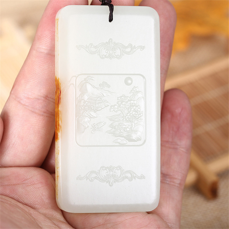 和田玉山水悠然自在掛件，白玉項鏈玉石。