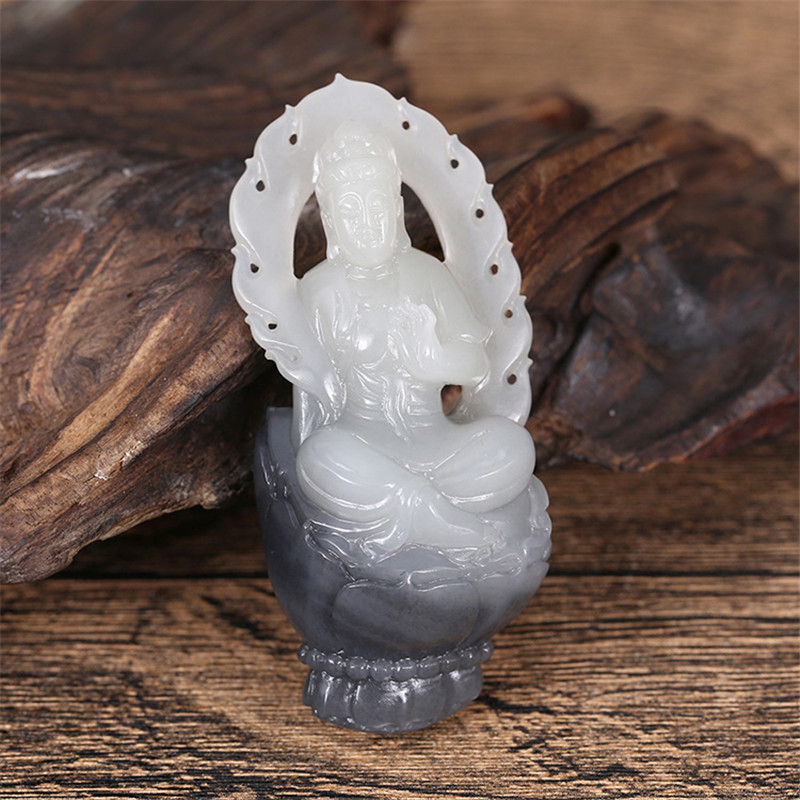 護佑之主和田玉觀音掛件，天然青花籽料掛墜。