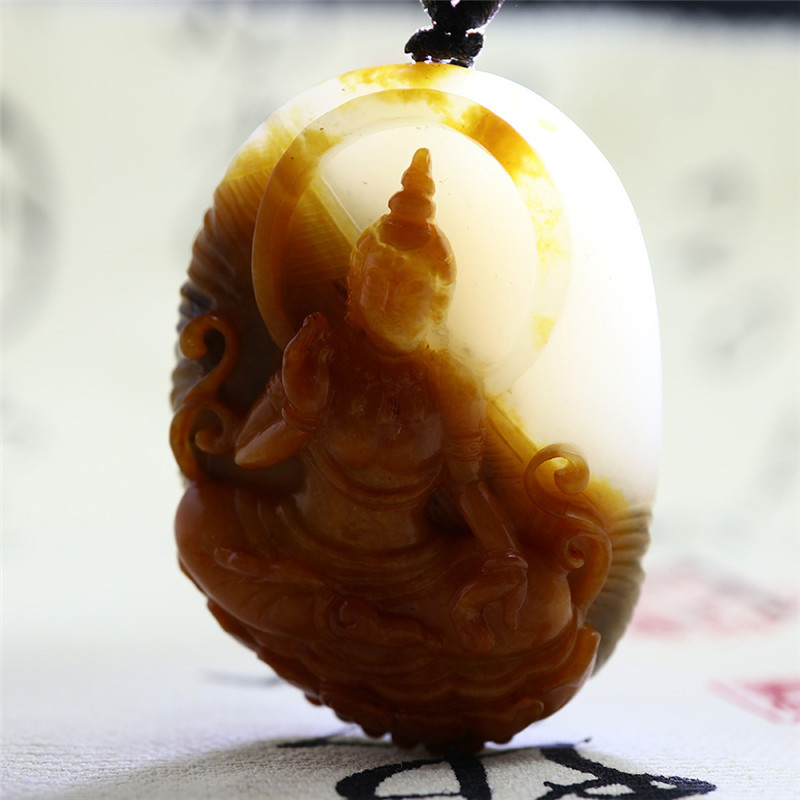 文殊菩薩三色料和田玉掛件，雙面雕刻吊墜