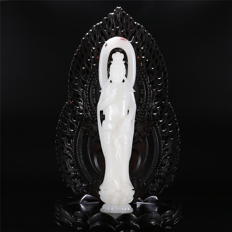 羊脂白玉觀音擺件，順心如意護(hù)佑平安
