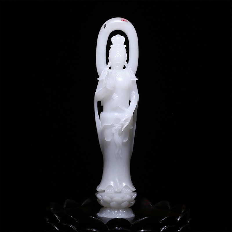 羊脂白玉觀音擺件，順心如意護(hù)佑平安