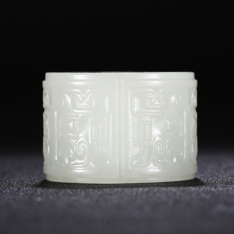 男士如意和田玉扳指，天然白玉手玩件獸面紋蘇