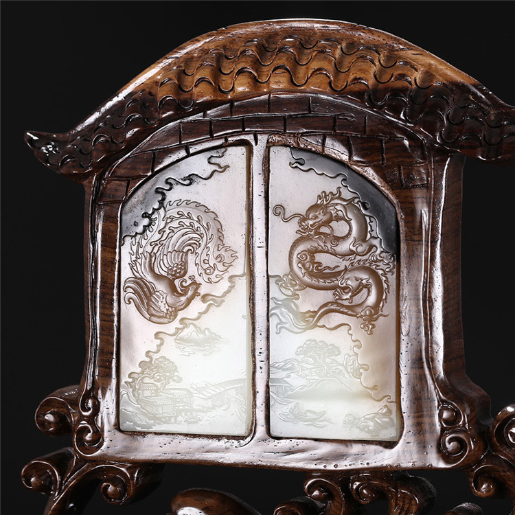 和田玉龍鳳呈現(xiàn)玉牌子，天然糖白玉蘇工擺件