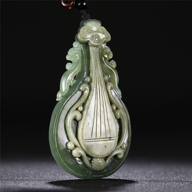 精美琵琶如意和田碧玉項鏈，天然玉石掛墜