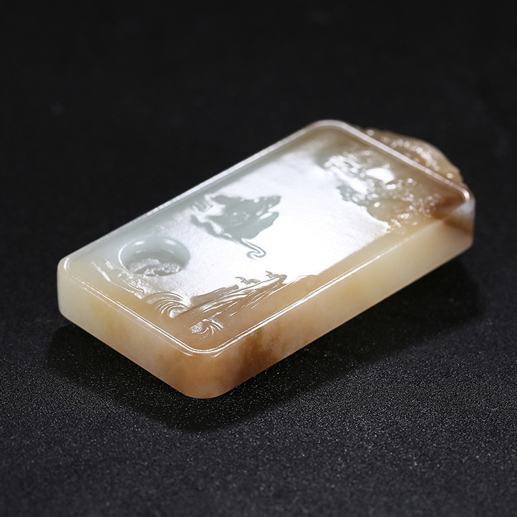 神龍送福人間山水玉牌掛件，天然糖白玉項(xiàng)鏈