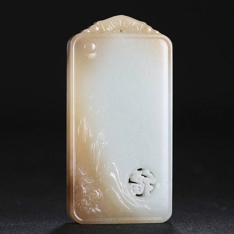 神龍送福人間山水玉牌掛件，天然糖白玉項(xiàng)鏈