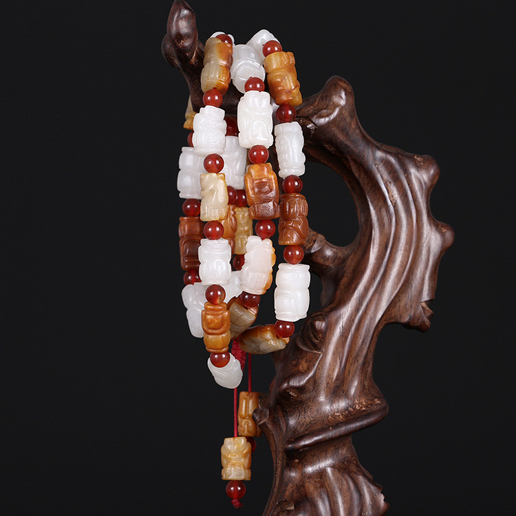 32顆和田玉珠佛像項鏈，真皮玉鏈天然白玉手鏈