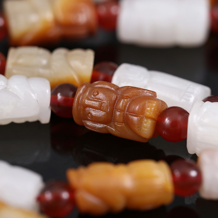 32顆和田玉珠佛像項(xiàng)鏈，真皮玉鏈天然白玉手鏈