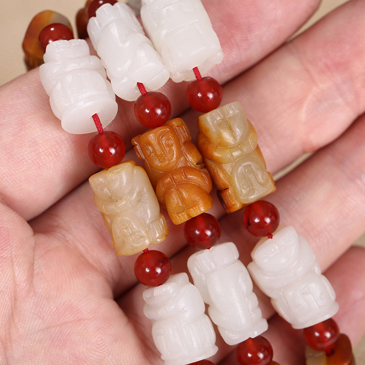 32顆和田玉珠佛像項(xiàng)鏈，真皮玉鏈天然白玉手鏈