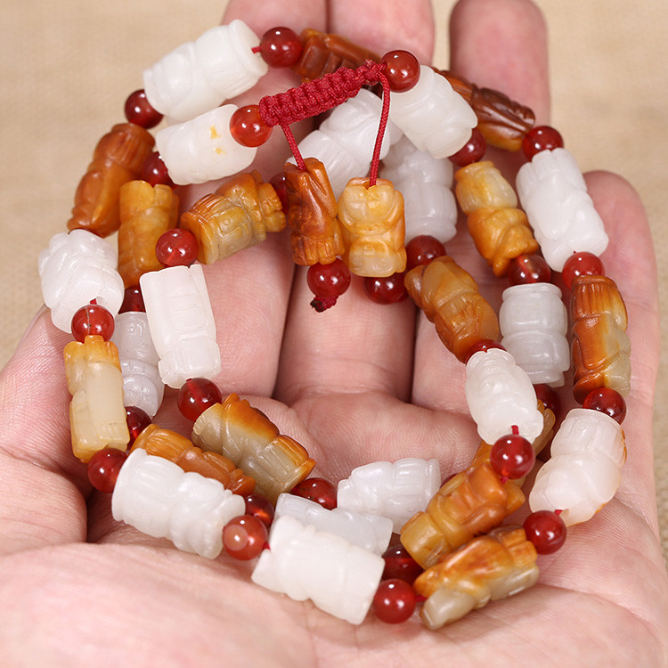 32顆和田玉珠佛像項(xiàng)鏈，真皮玉鏈天然白玉手鏈