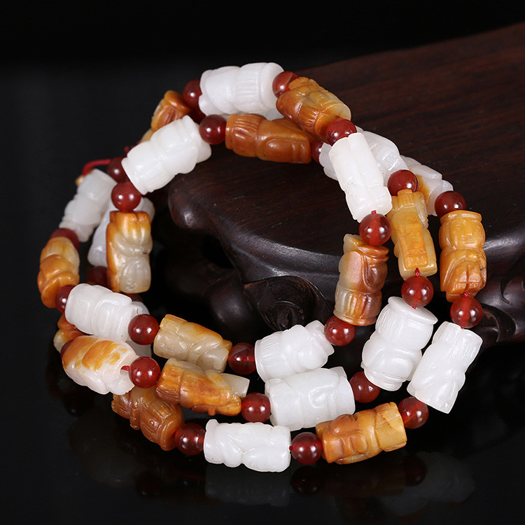 32顆和田玉珠佛像項鏈，真皮玉鏈天然白玉手鏈