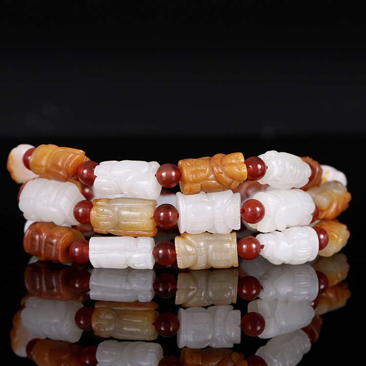 32顆和田玉珠佛像項鏈，真皮玉鏈天然白玉手鏈