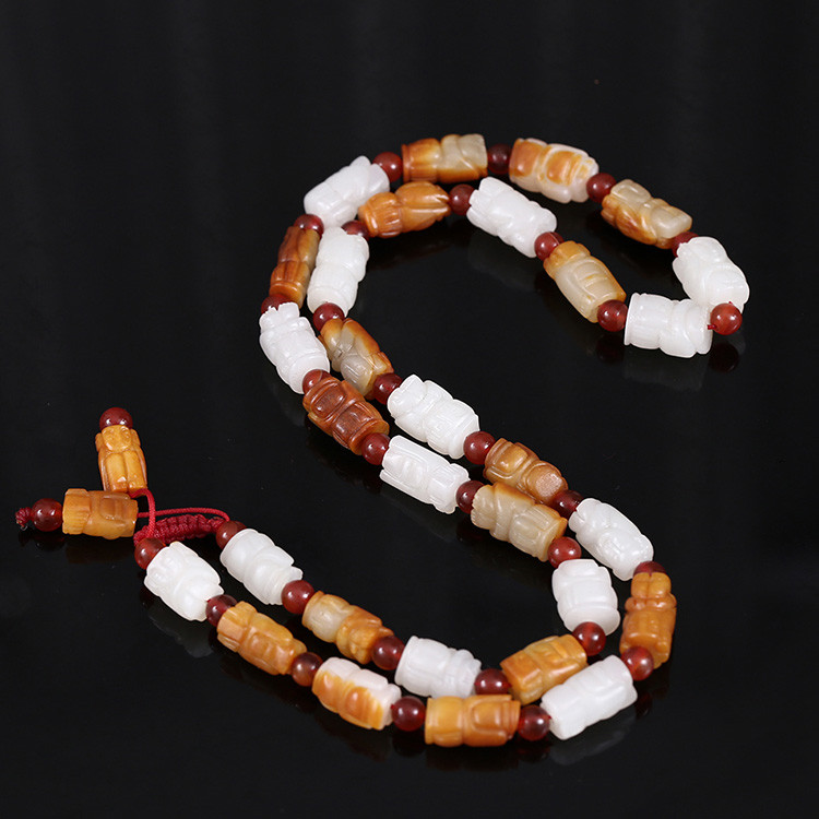 32顆和田玉珠佛像項鏈，真皮玉鏈天然白玉手鏈