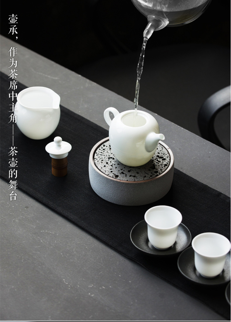 火山石小壺承天然巖石圓形茶托盤，陶瓷茶承儲