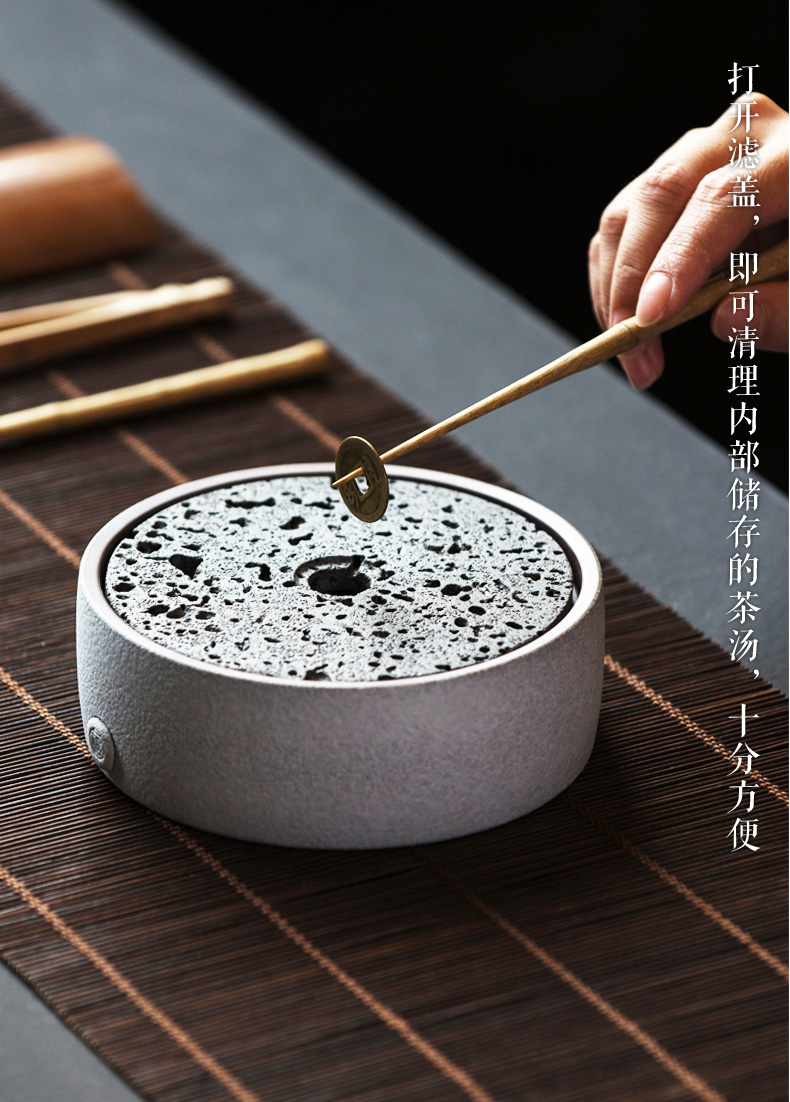 火山石小壺承天然巖石圓形茶托盤，陶瓷茶承儲