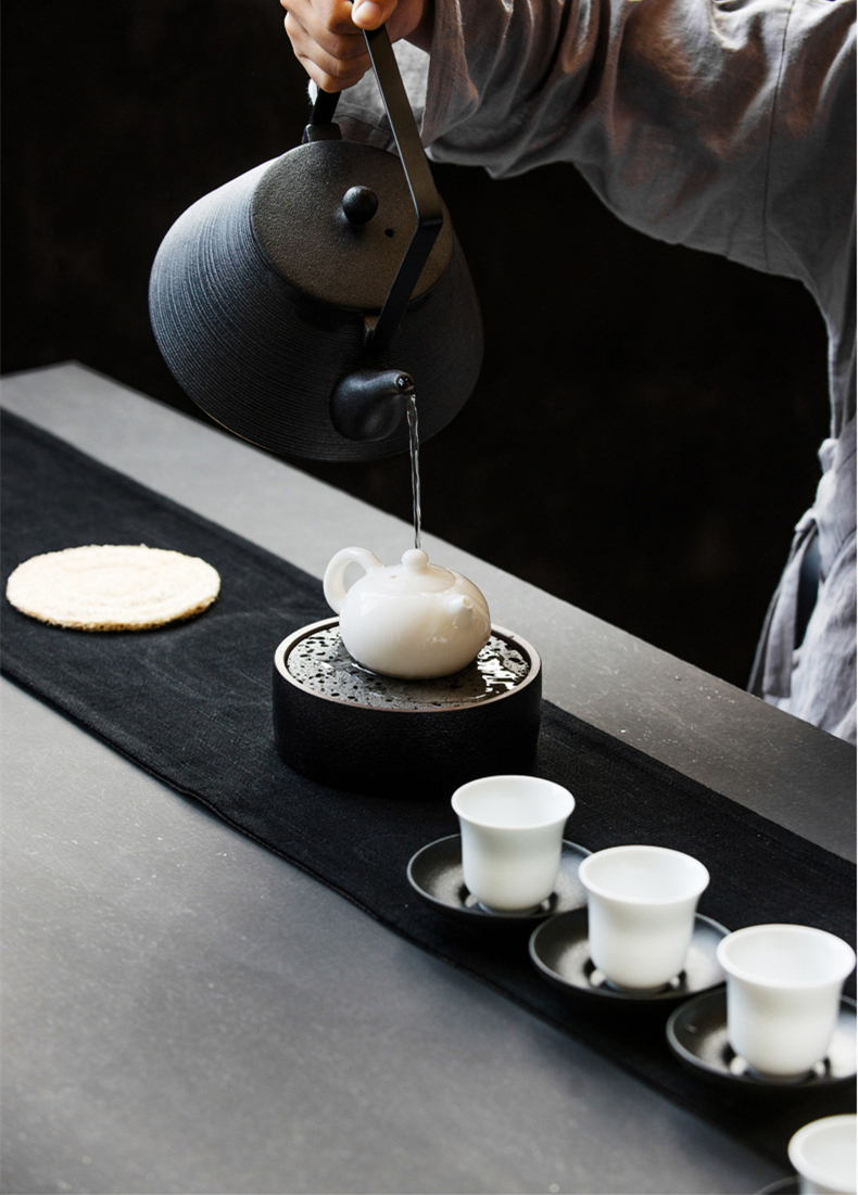 火山石小壺承天然巖石圓形茶托盤，陶瓷茶承儲