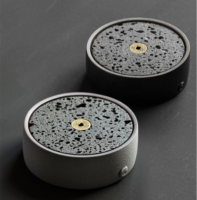 火山石小壺承天然巖石圓形茶托盤，陶瓷茶承儲