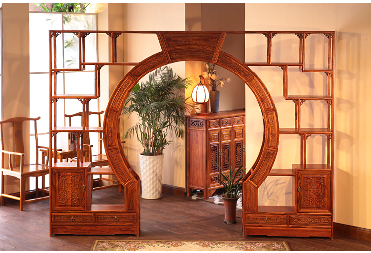 中式實木雙圈月洞門博古架，雙面雕花隔斷南榆