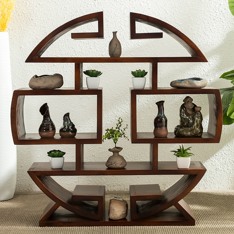 實木小多寶閣擺件博古架，圓形落地展示置物架
