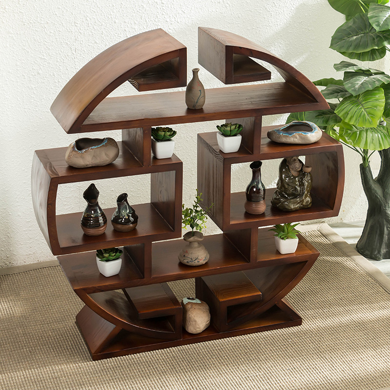 實木小多寶閣擺件博古架，圓形落地展示置物架
