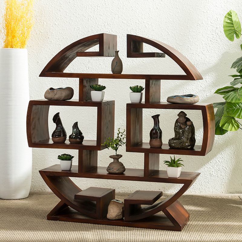 實木小多寶閣擺件博古架，圓形落地展示置物架