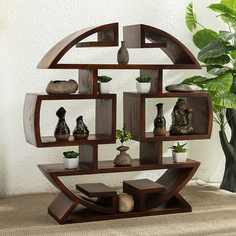實木小多寶閣擺件博古架，圓形落地展示置物架