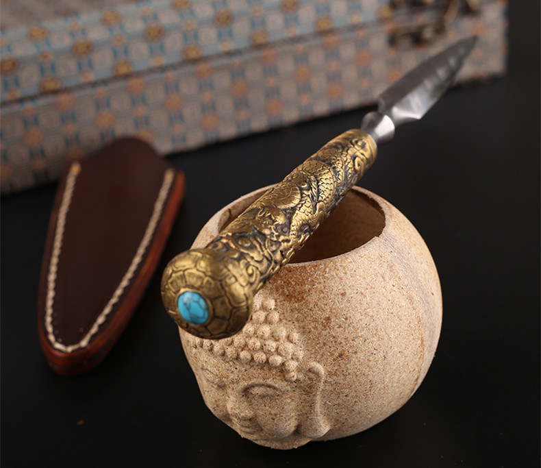 花紋鋼茶針茶錐手工普洱開茶刀，冷兵器茶具配