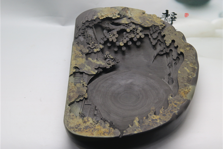 松山攬勝玉黛石硯臺，中國文房四寶硯臺