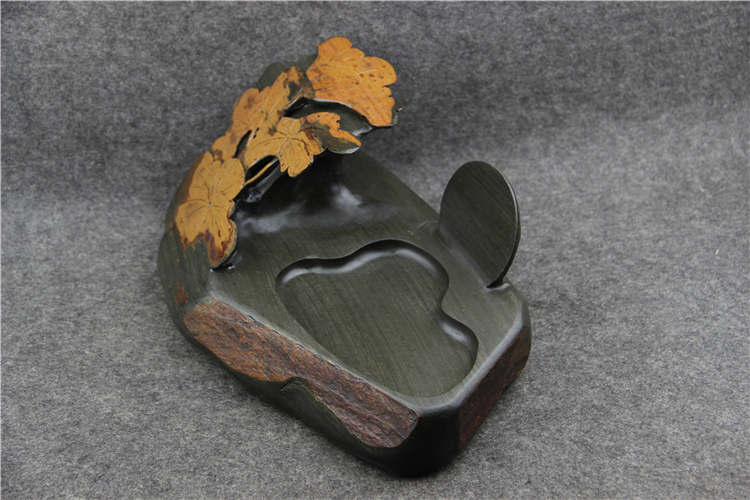 金暈魚子荷葉雕花歙硯，老坑硯臺(tái)龍尾硯