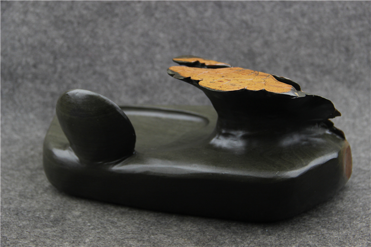 金暈魚子荷葉雕花歙硯，老坑硯臺(tái)龍尾硯